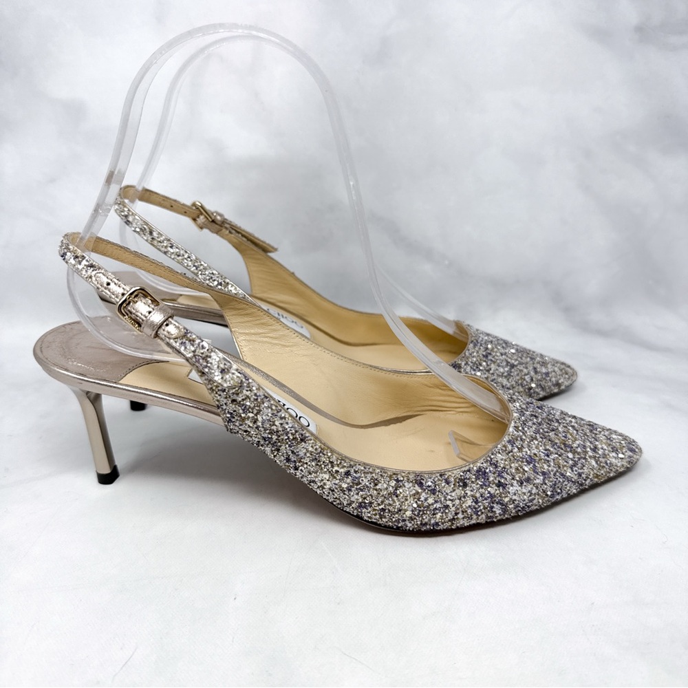 Jimmy Choo Erin 60 Platinum Glitter Pointed Toe Slingback Kitten Heel Pumps 38 - Picture 3 of 16